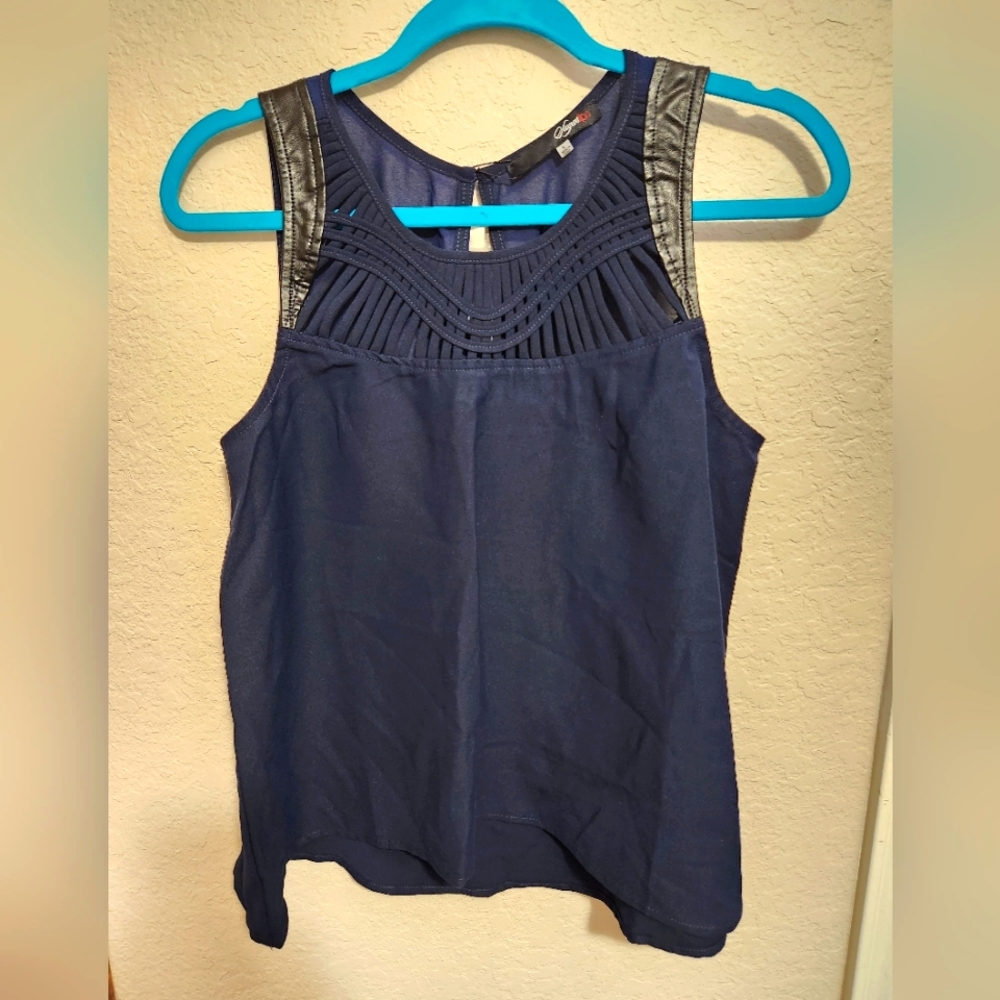 SUGAR lips tank with woven neckline detail and leather sleeve detail